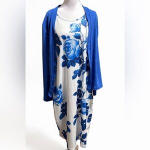 Blue Cardigan with Blue and White Leaf Print Dress